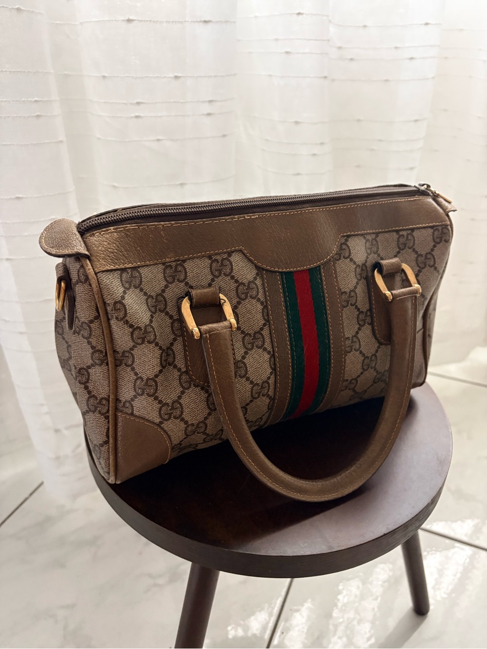 Vintage Gucci Brown GG Canvas Shoulder Bag with Web Stripe